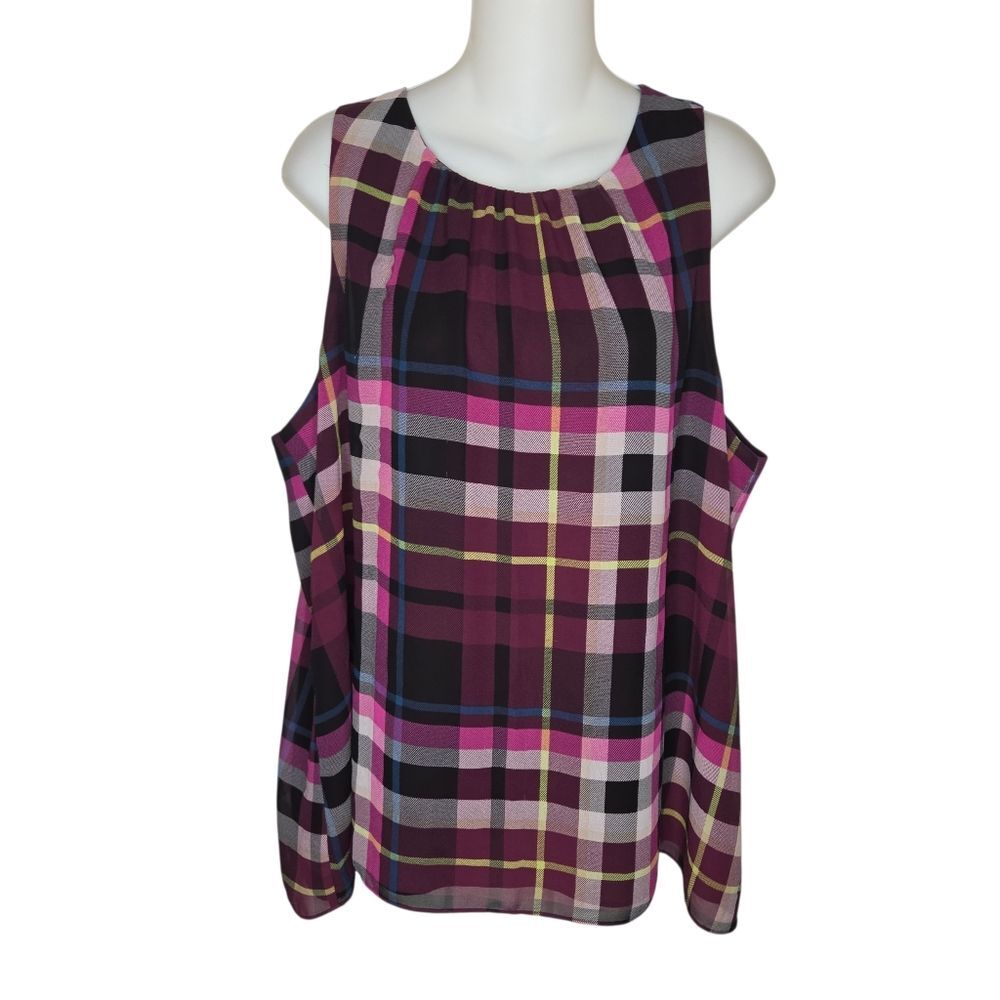 Vince Camuto Plaid Chiffon MERLOT Tank Top Shell Modern Imprint Lined Size XL